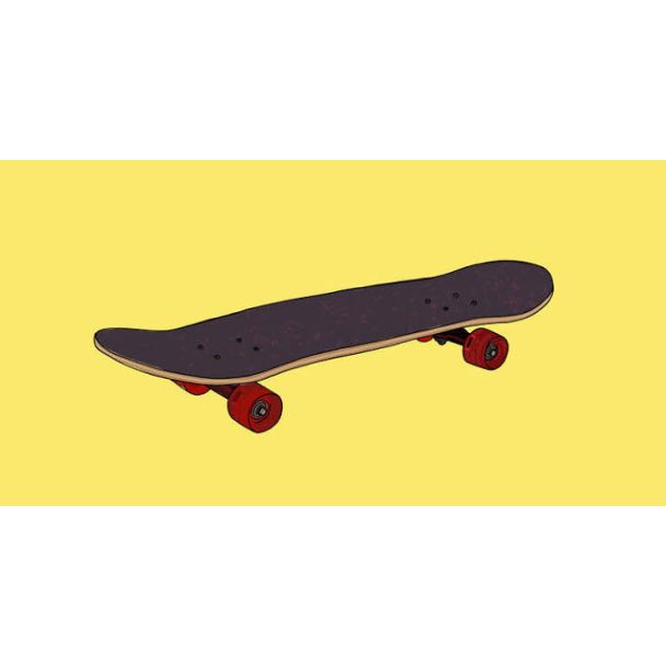 An example of a skateboard with red wheels