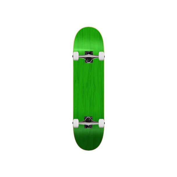 A skateboard with a green deck